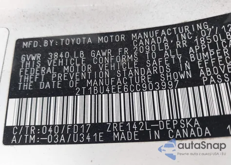 2012 Toyota Corolla S z USA, uszkodzony, nr VIN 2T1BU4EE6CC903997